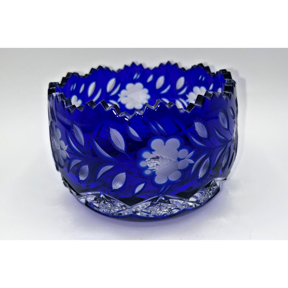 Vintage Czech Bohemian Blue Cobalt Cut to Clear Oval Sawtooth Crystal Bowl - Picture 2 of 16
